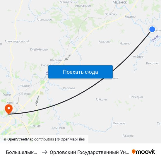 Большелыковский Поворот to Орловский Государственный Университет. Медицинский Институт map