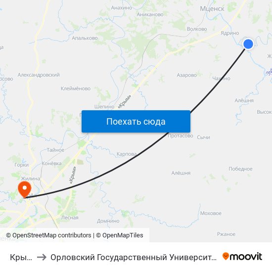 Крыцино to Орловский Государственный Университет. Медицинский Институт map