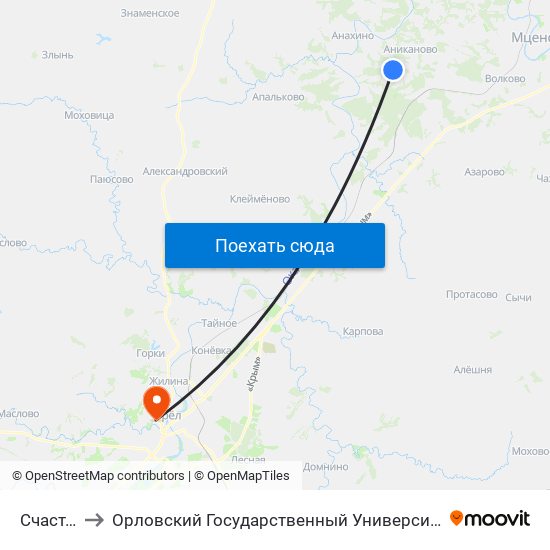 Счастливка to Орловский Государственный Университет. Медицинский Институт map