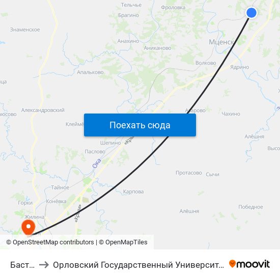 Бастыево to Орловский Государственный Университет. Медицинский Институт map