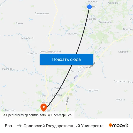 Брагино to Орловский Государственный Университет. Медицинский Институт map