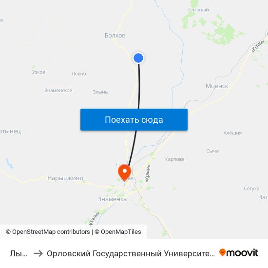 Лыкова to Орловский Государственный Университет. Медицинский Институт map