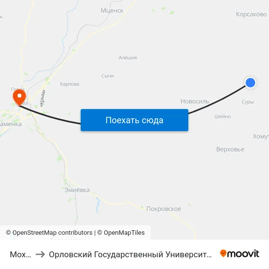 Моховое to Орловский Государственный Университет. Медицинский Институт map