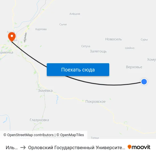 Ильинка to Орловский Государственный Университет. Медицинский Институт map
