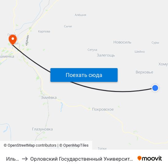 Ильинка to Орловский Государственный Университет. Медицинский Институт map