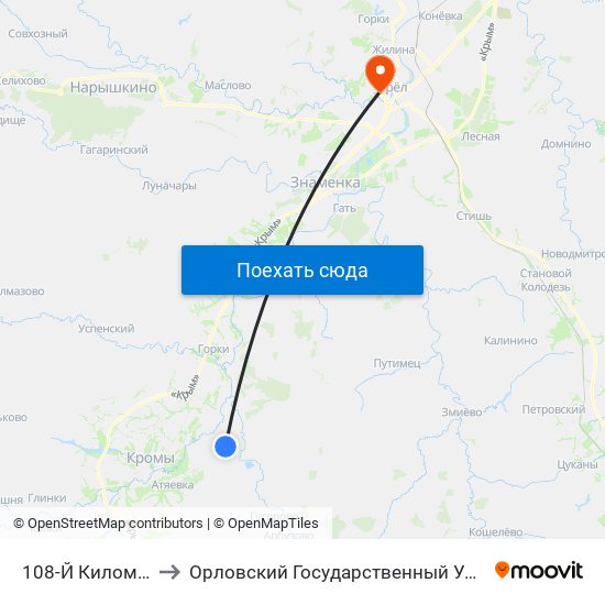 108-Й Километр (Шумаково) to Орловский Государственный Университет. Медицинский Институт map