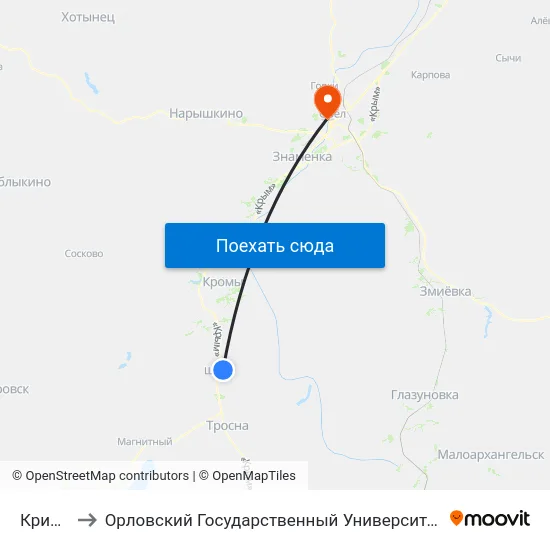 Кривцово to Орловский Государственный Университет. Медицинский Институт map