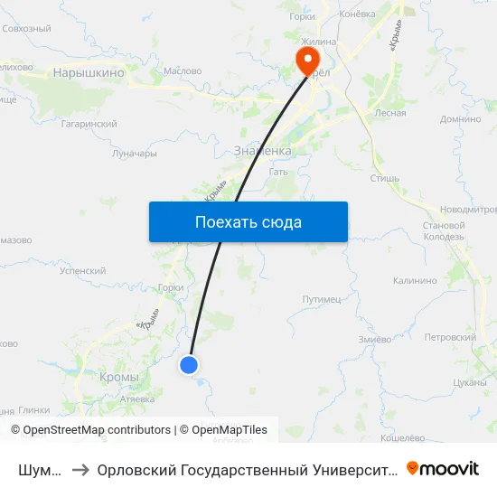 Шумаково to Орловский Государственный Университет. Медицинский Институт map