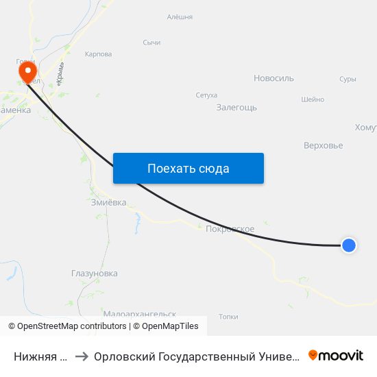 Нижняя Любовша to Орловский Государственный Университет. Медицинский Институт map