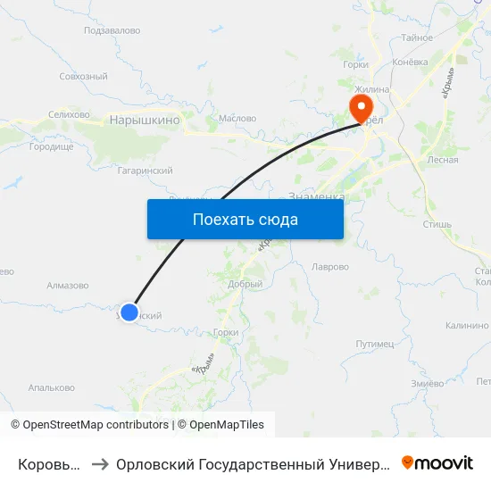 Коровье Болото to Орловский Государственный Университет. Медицинский Институт map