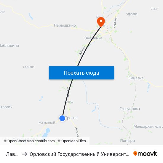 Лаврово to Орловский Государственный Университет. Медицинский Институт map