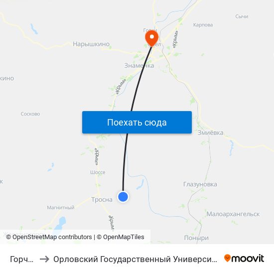 Горчаково to Орловский Государственный Университет. Медицинский Институт map