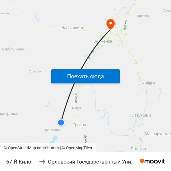 67-Й Километр (Чернь) to Орловский Государственный Университет. Медицинский Институт map