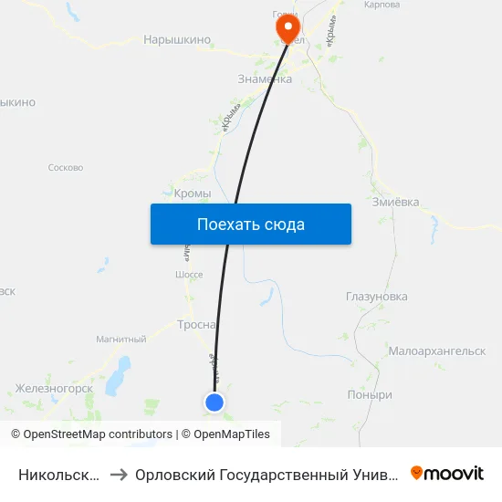 Никольский Поворот to Орловский Государственный Университет. Медицинский Институт map