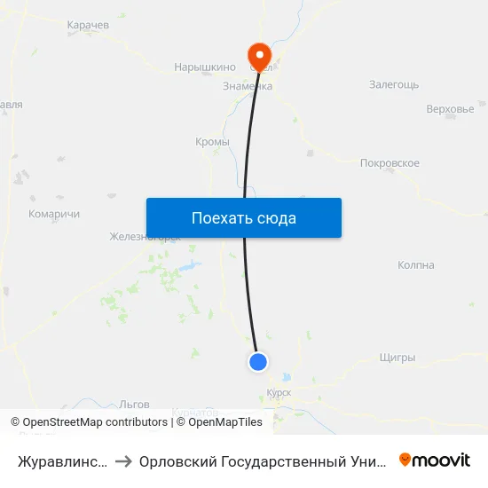 Журавлинский Поворот to Орловский Государственный Университет. Медицинский Институт map