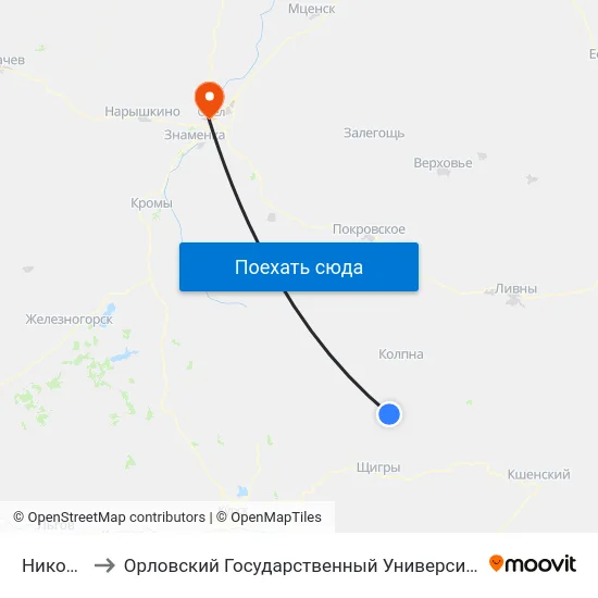 Никольское to Орловский Государственный Университет. Медицинский Институт map