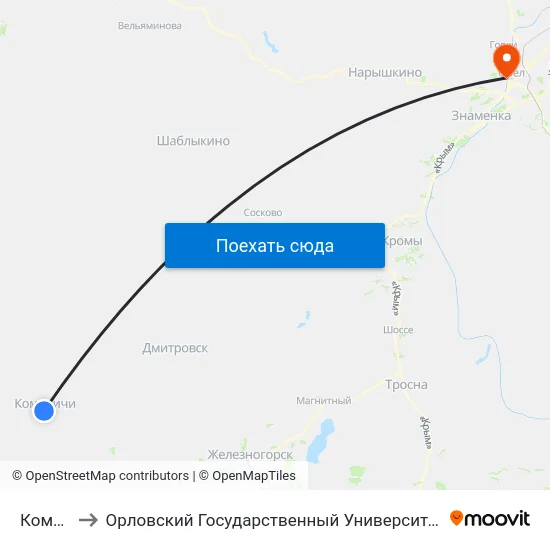 Комаричи to Орловский Государственный Университет. Медицинский Институт map