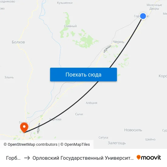 Горбачёво to Орловский Государственный Университет. Медицинский Институт map
