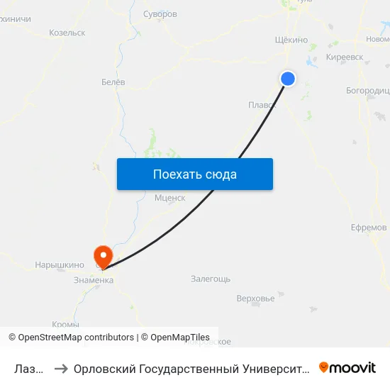 Лазарево to Орловский Государственный Университет. Медицинский Институт map