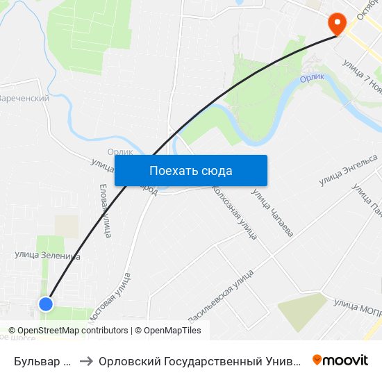 Бульвар Молодёжи to Орловский Государственный Университет. Медицинский Институт map