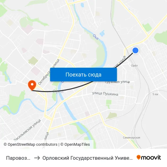 Паровозная Улица to Орловский Государственный Университет. Медицинский Институт map