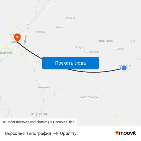 Верховье, Типография to Орелгту map