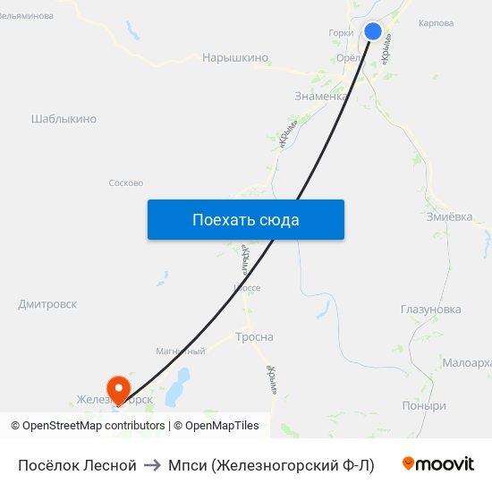 Посёлок Лесной to Мпси (Железногорский Ф-Л) map