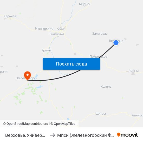 Верховье, Универмаг to Мпси (Железногорский Ф-Л) map