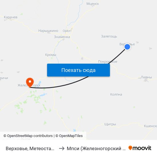 Верховье, Метеостанция to Мпси (Железногорский Ф-Л) map