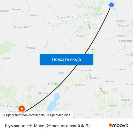 Шумаково to Мпси (Железногорский Ф-Л) map