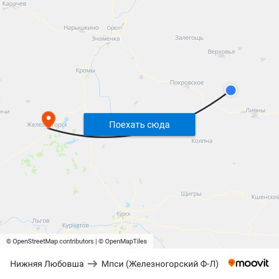 Нижняя Любовша to Мпси (Железногорский Ф-Л) map