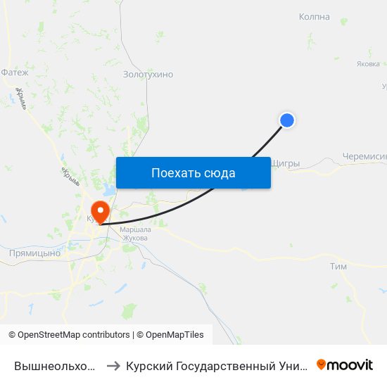 Вышнеольховатое to Курский Государственный Университет map