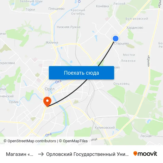Магазин «Пятёрочка» to Орловский Государственный Университет (Польский Корпус) map
