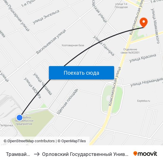 Трамвайное Депо to Орловский Государственный Университет (Польский Корпус) map