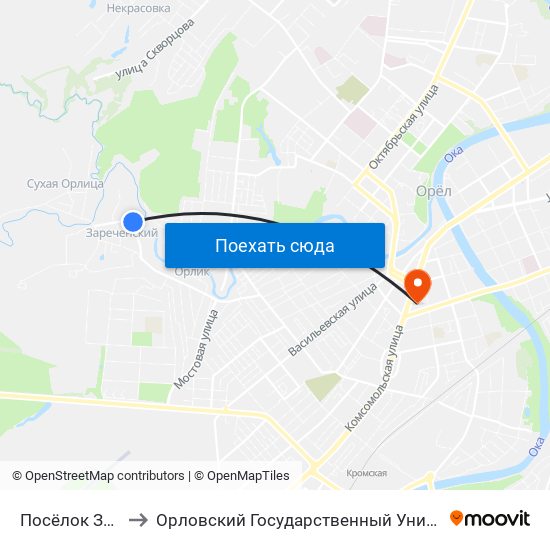 Посёлок Зареченский to Орловский Государственный Университет (Польский Корпус) map