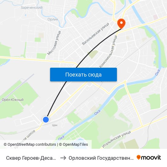Сквер Героев-Десантников (Ж/Д Станция «Цон») to Орловский Государственный Университет (Польский Корпус) map