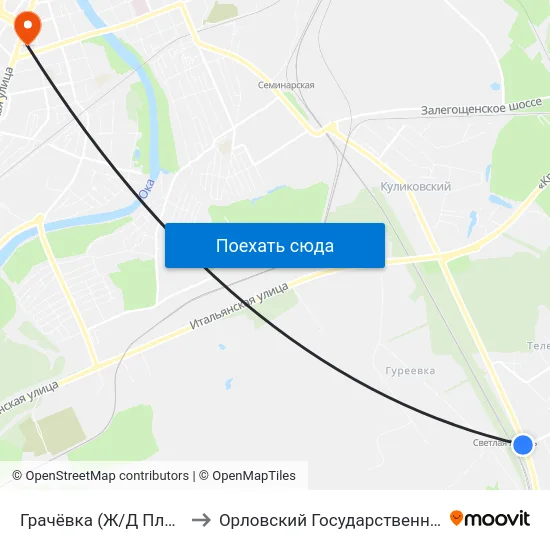 Грачёвка (Ж/Д Платформа «Светлая Жизнь») to Орловский Государственный Университет (Польский Корпус) map