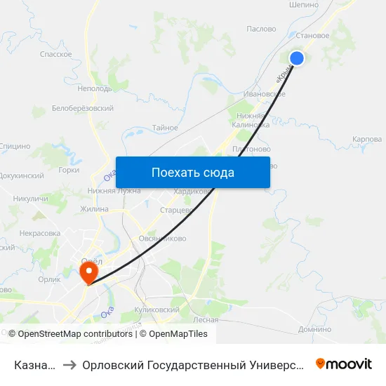 Казначеево to Орловский Государственный Университет (Польский Корпус) map