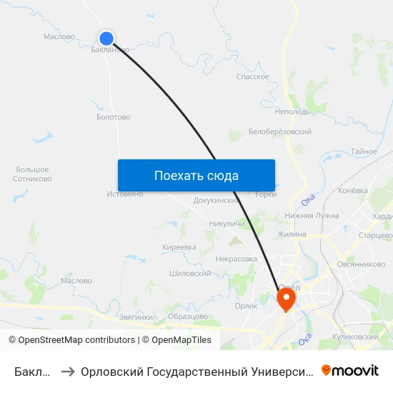 Бакланово to Орловский Государственный Университет (Польский Корпус) map