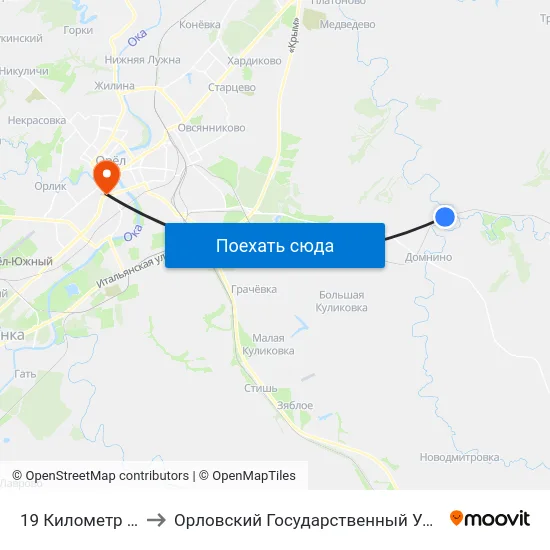 19 Километр (Кривая Лука) to Орловский Государственный Университет (Польский Корпус) map