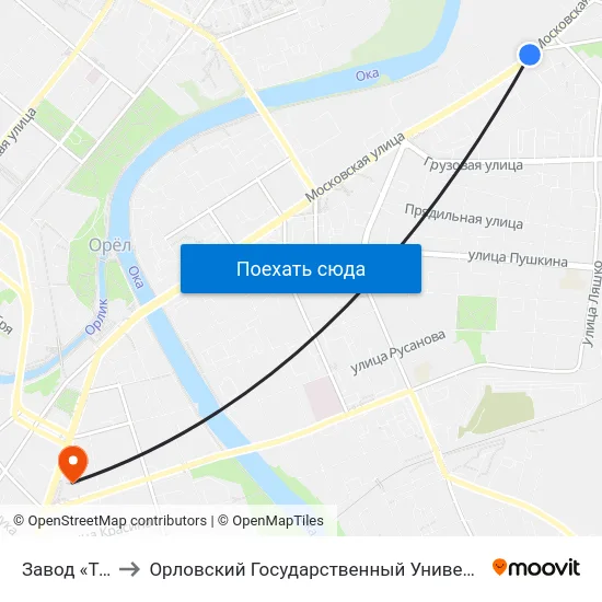 Завод «Текмаш» to Орловский Государственный Университет (Польский Корпус) map
