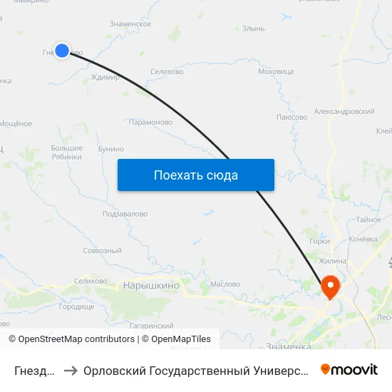 Гнездилово to Орловский Государственный Университет (Польский Корпус) map