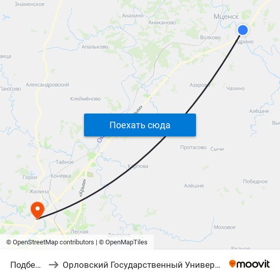 Подберёзово to Орловский Государственный Университет (Польский Корпус) map