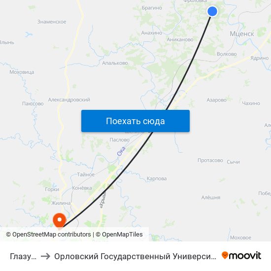 Глазуново to Орловский Государственный Университет (Польский Корпус) map