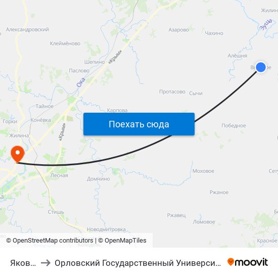 Яковлево to Орловский Государственный Университет (Польский Корпус) map