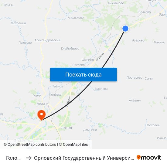 Головлёво to Орловский Государственный Университет (Польский Корпус) map