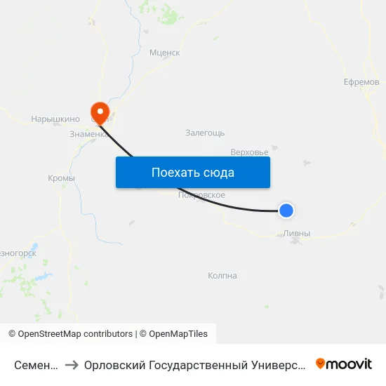 Семенихино to Орловский Государственный Университет (Польский Корпус) map