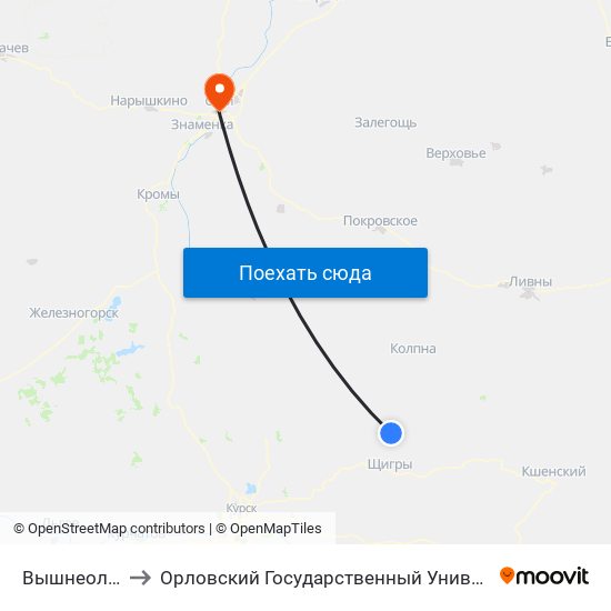 Вышнеольховатое to Орловский Государственный Университет (Польский Корпус) map
