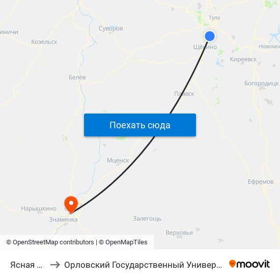 Ясная Поляна to Орловский Государственный Университет (Польский Корпус) map