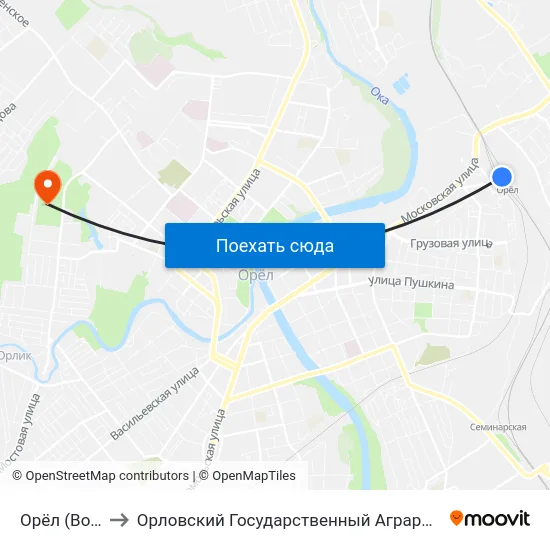 Орёл (Вокзал) to Орловский Государственный Аграрный Университет map